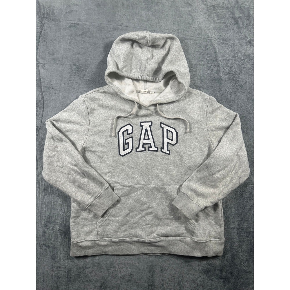 Gap Mens Logo Hoodie Heather Gray Navy Blue Applique Fleece Sweatshirt Large